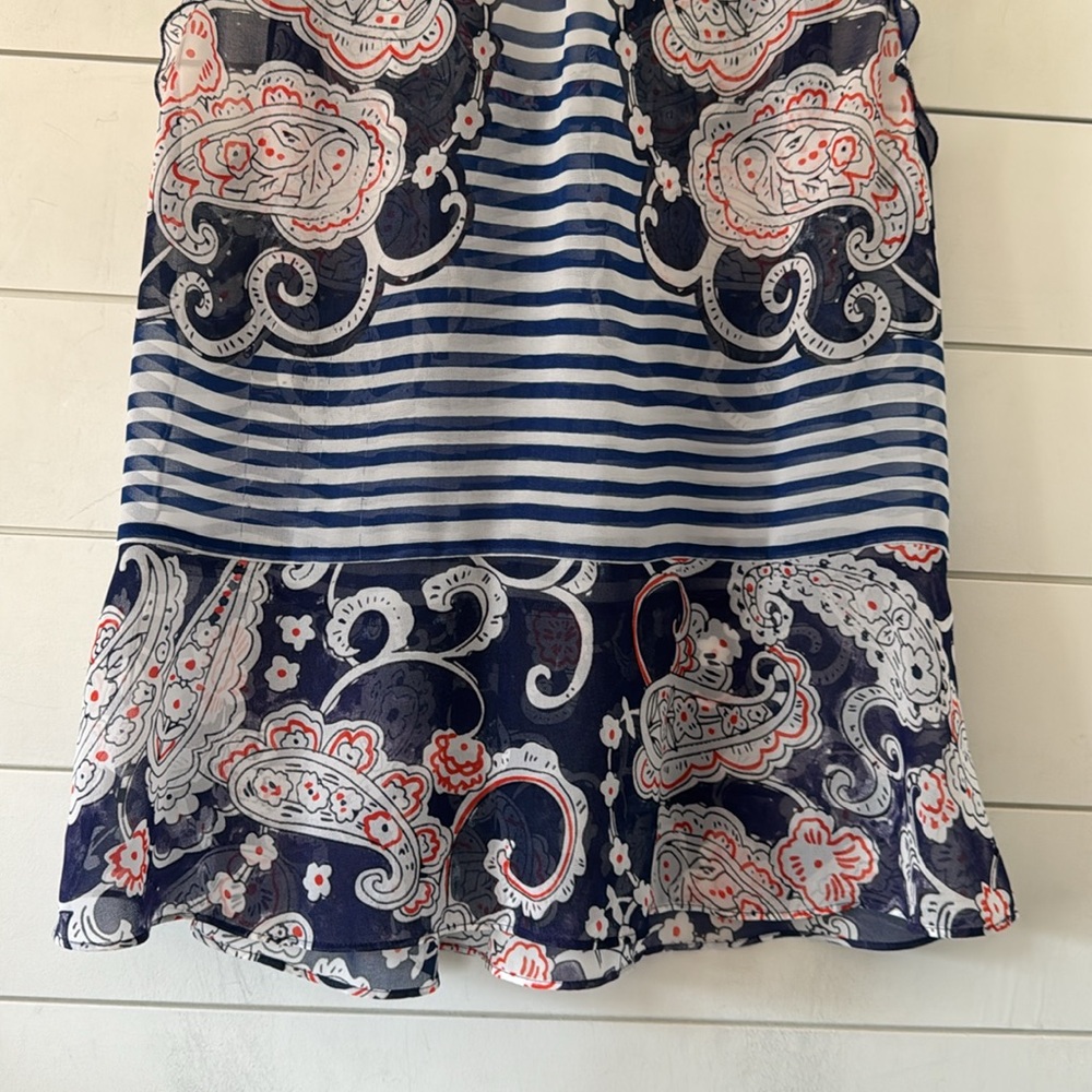 Cabi XS (generous) Floral Paisley Striped Peplum Sheer Ruffled Trim V-Neck Top - Picture 9 of 12